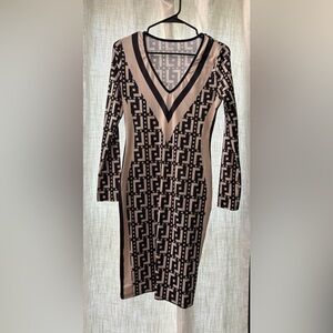 Geometric Patterned Black and Tan Dress